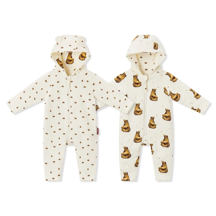 Honey Bear Reversible Quilted Waffle Knit Hooded Jumpsuit
