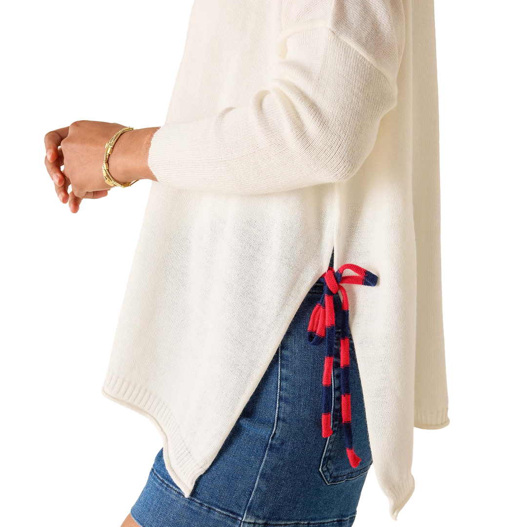 Catalina Side Tie Crewneck Sweater White W/ Striped Tie Petite