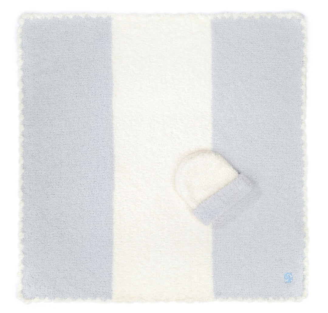 Baby Blanket And Cap Set Blue With Cream Center Stripe