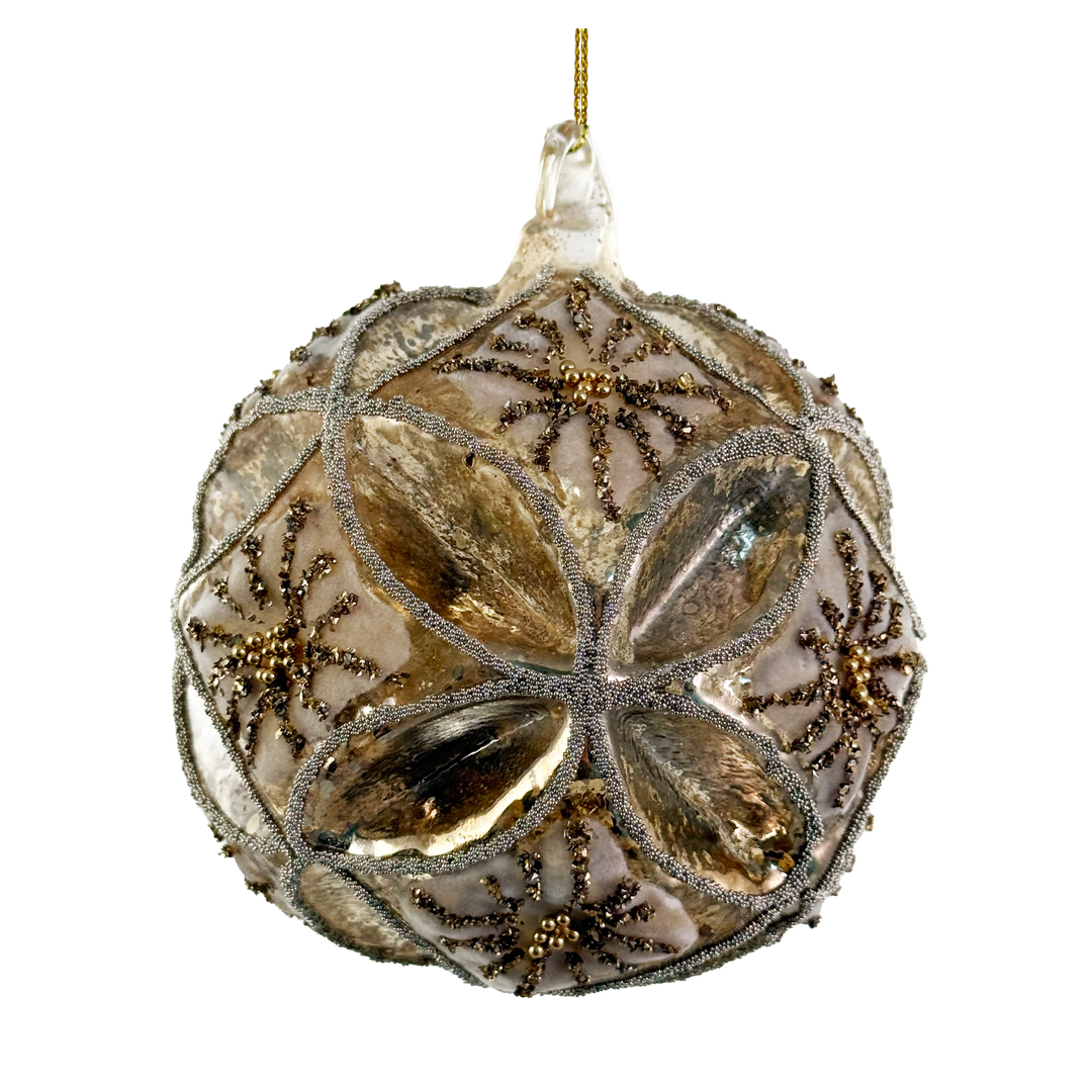 Antique Gold Beaded Floral Ball Ornament