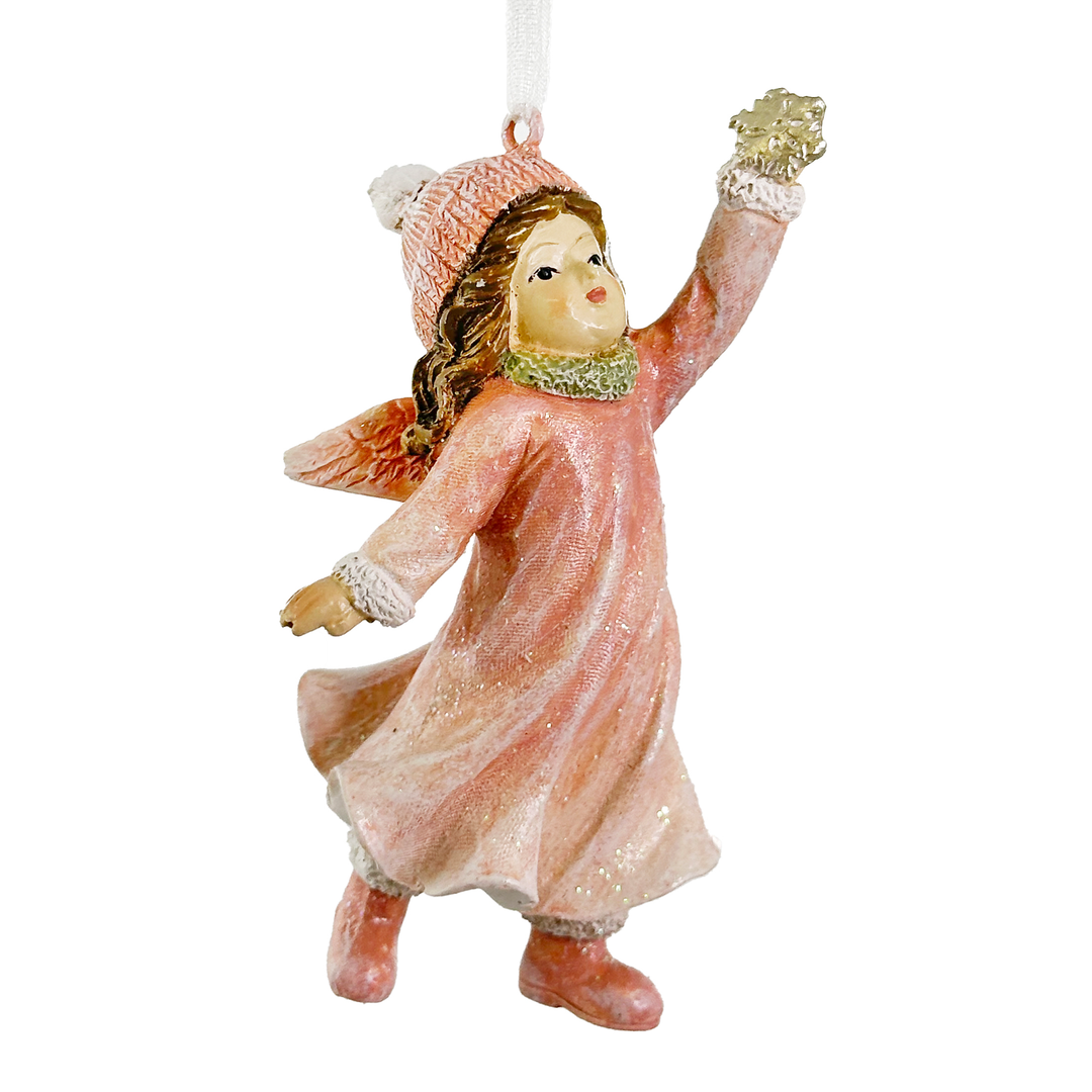 Pink Angel Holding A Gold Snowflake Ornament