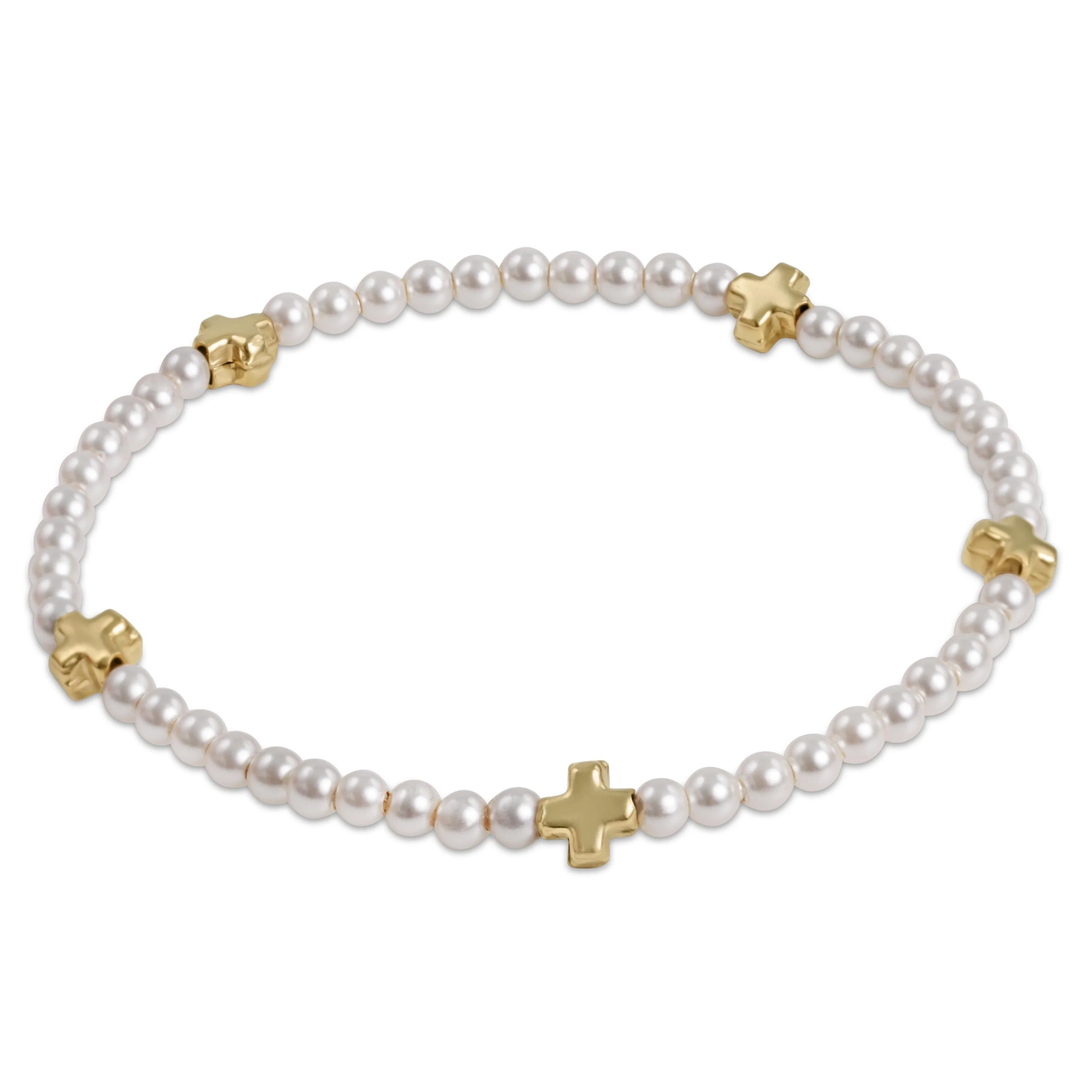 Gold Signature Cross Small 3mm Pearl Bracelet