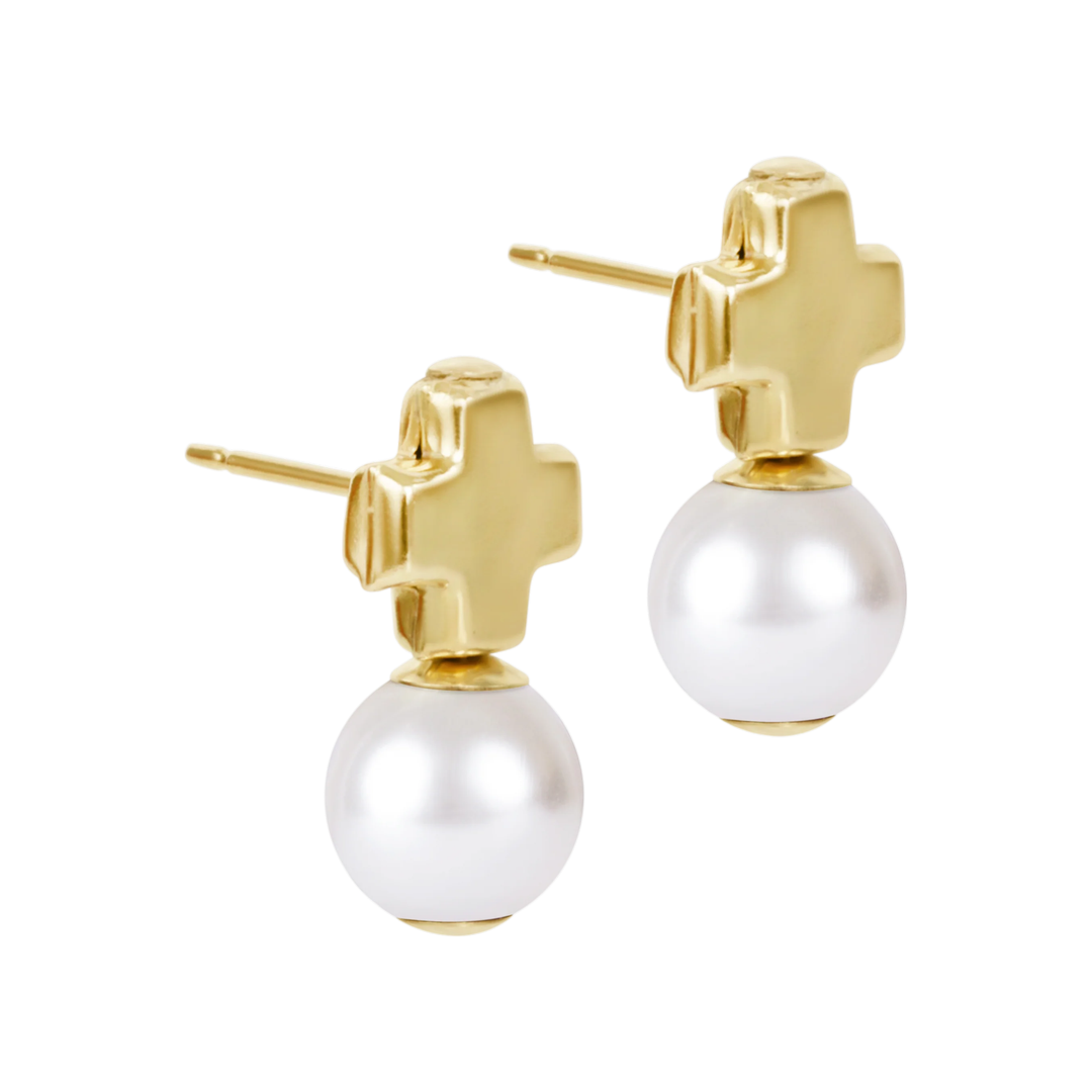 Signature Cross Small Gold Studs With Classic Pearl Drop