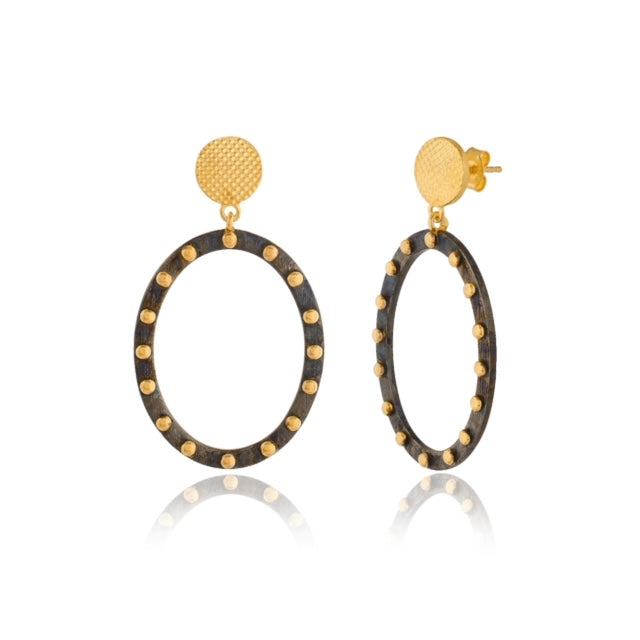 Black Oval And Gold Dot Earrings On Textured Gold Post
