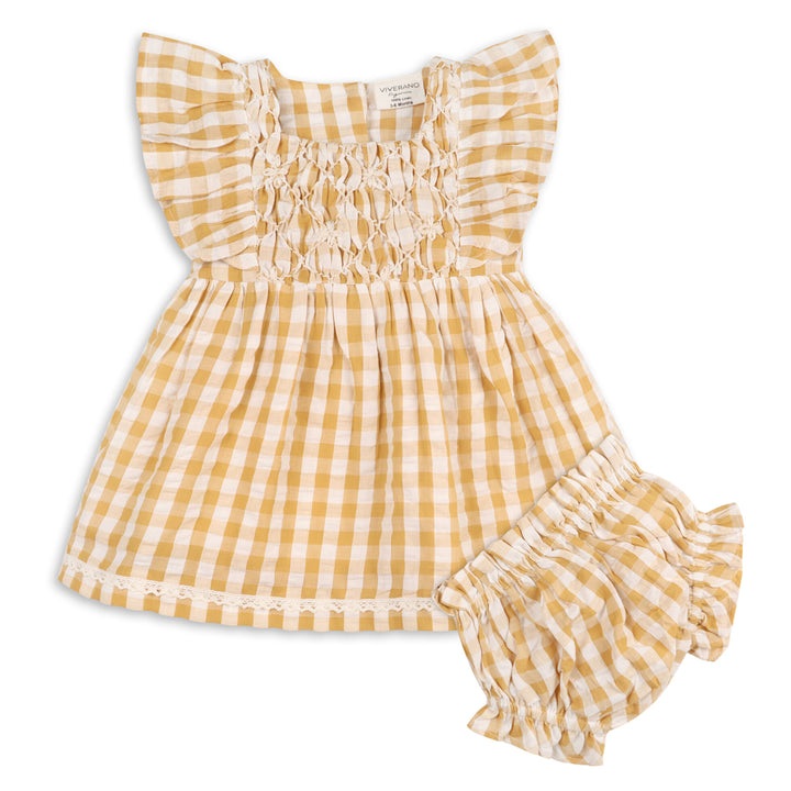 Organic Cotton Alina Hand-smocked Seersucker Gingham Baby Dress + Bloomer