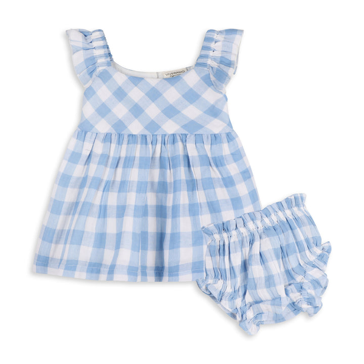 Organic Cotton Audrey Arctic Blue Gingham Baby Dress + Bloomer