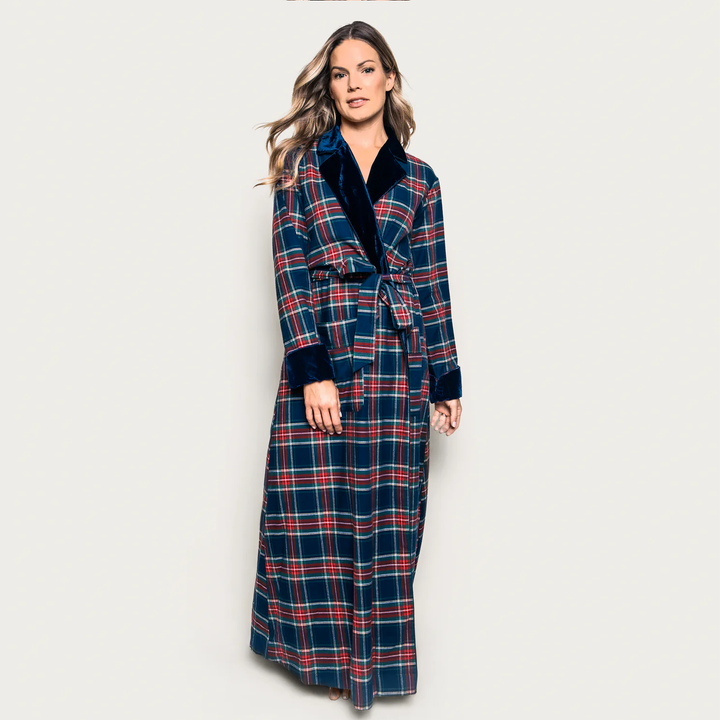Women's Long Robe with Velvet Trim in Windsor Tartan