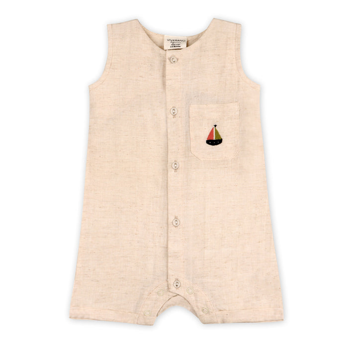 Organic Cotton Linen Blend Parker Embroidered Sailboat Pocket Baby Romper
