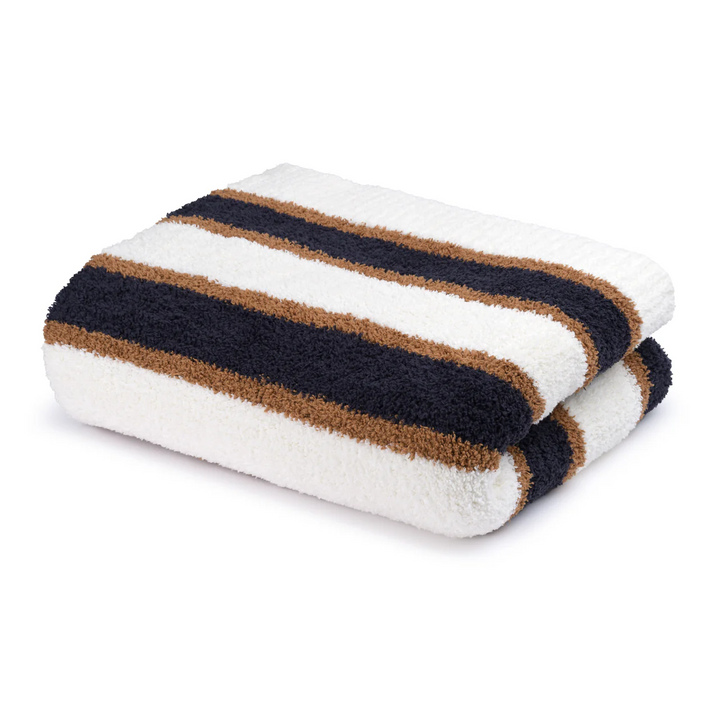 Chenilla Heritage Stripe Throw In Haystack and Dark Navy