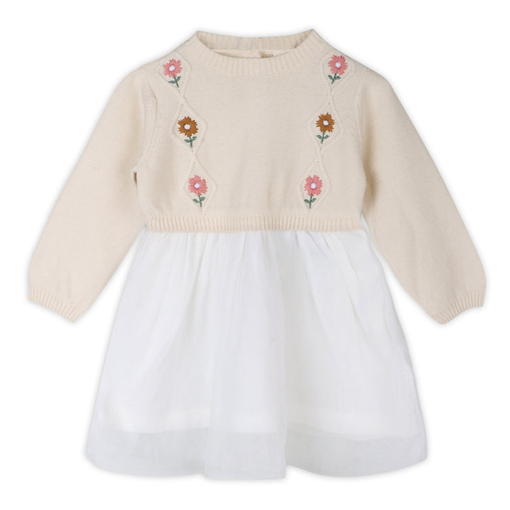 Organic Cotton Floral Embroidered Cable Knit Tutu Baby Dress Natural