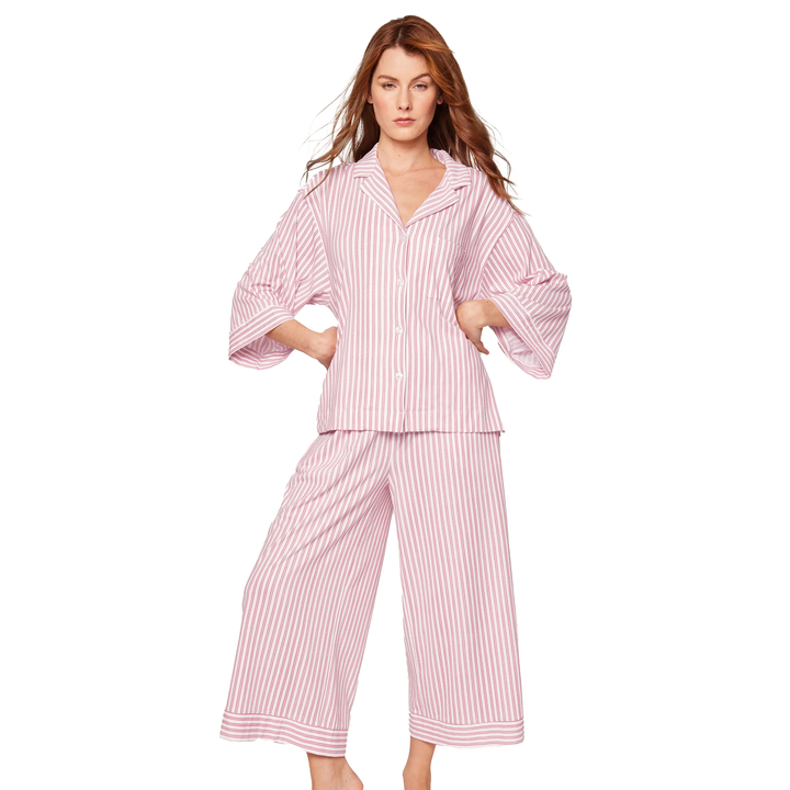 The Olivia Wide Leg Pima Pajama Set in Antique Red Ticking