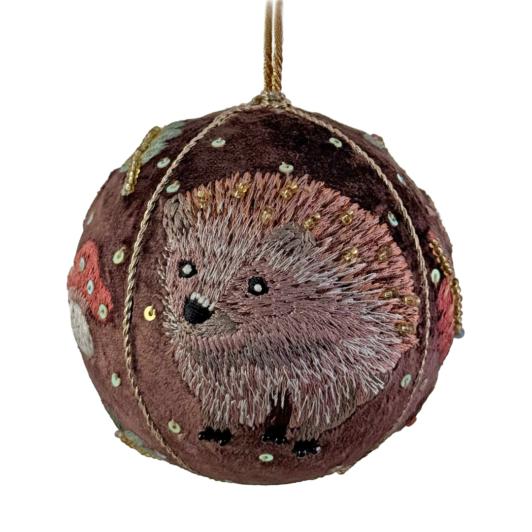 Brown Velvet With Embroidered Hedgehog Ball Ornament