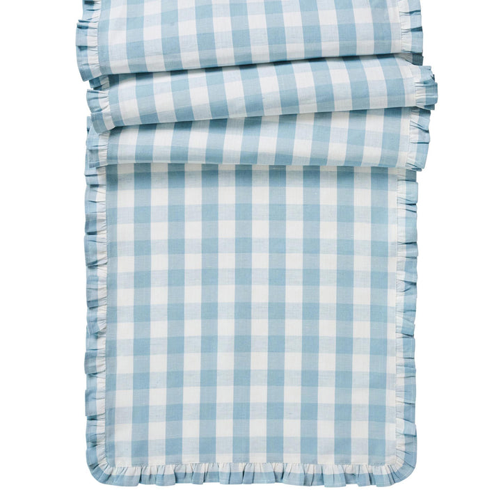 Gingham Ruffle Table Runner In Ocean