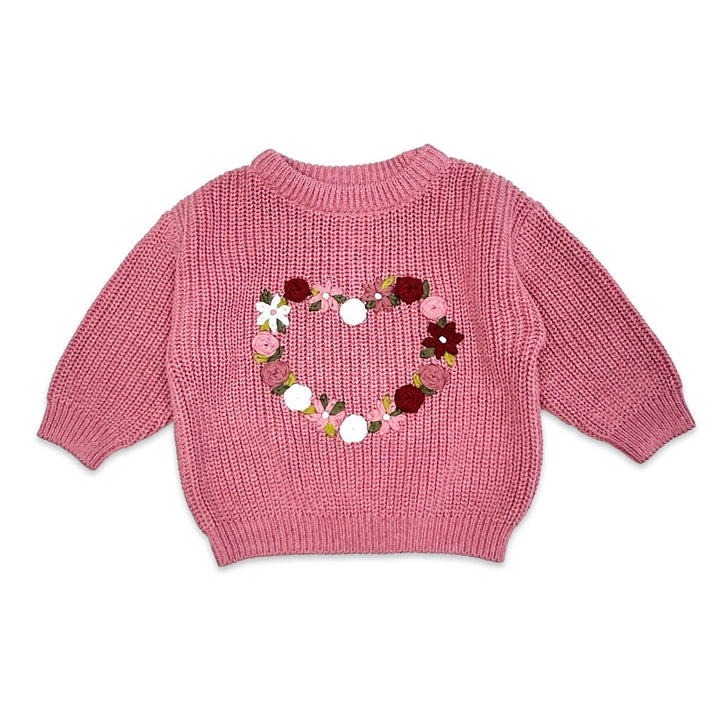 Organic Cotton French Rose Heart Hand-Embroidered Slouchy Baby Sweater