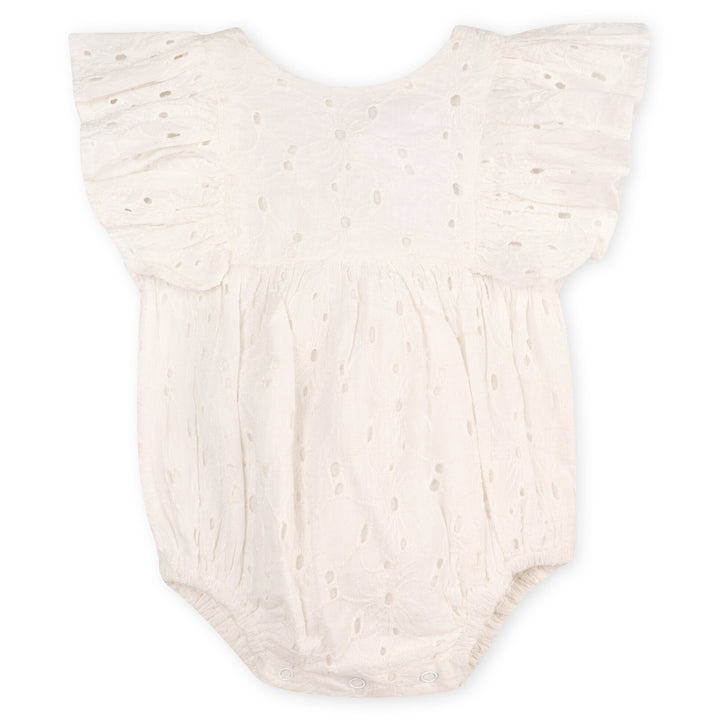 Organic Cotton Luna Schiffli Floral Eyelet Ruffle Sleeve Big Bow Baby Girl Romper