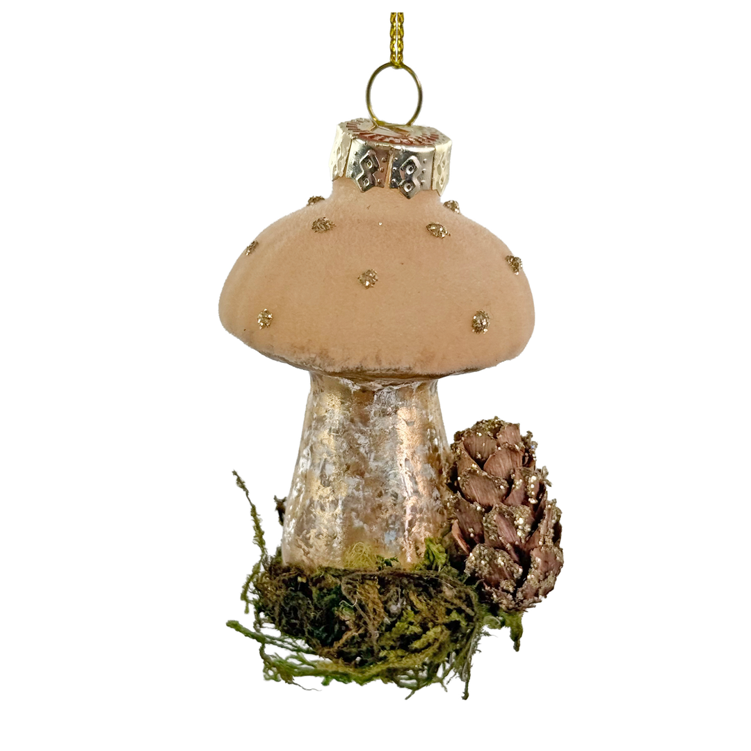 Glass &amp; Cream Velvet Topped Mushroom Ornament