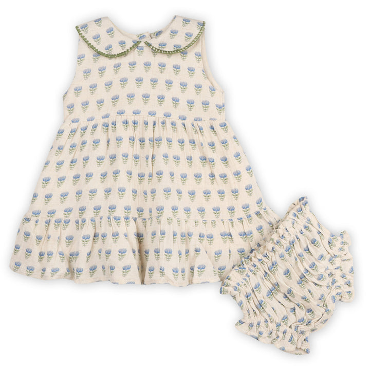Organic Cotton Linen Blend Harper Peter Pan Collar Floral Baby Flare Dress + Bloomer