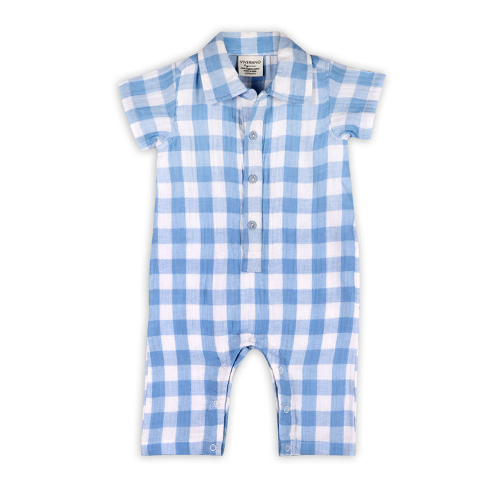 Organic Cotton August Blue Gingham Boys Cargo Romper