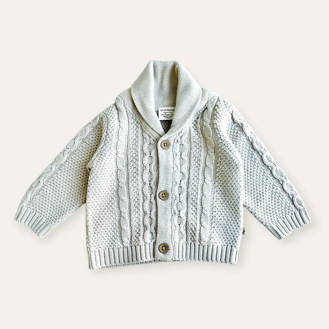 Shawl Collar Cable Knit Cardigan In Stone